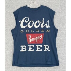 Coors Banquet Beer Muscle Tee Men Large Blue Boxy Fit Graphic Tank Top NEW